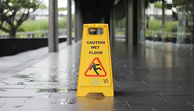 A photo of a wet floor sign sitting on a freshly mopped tile floor. This photo is meant to represent premises liability and the importance of slip and fall prevention.